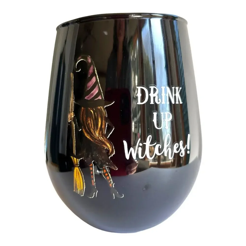 Drink Up Witches Cobwebs & Cauldrons Black Halloween Stemless Wine Glasses Pair
